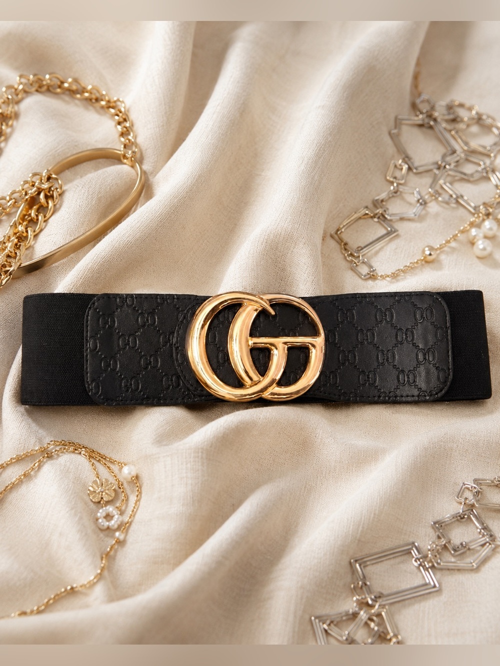 GG Black Leather Elastic Waist Belt with Gold Buckle
